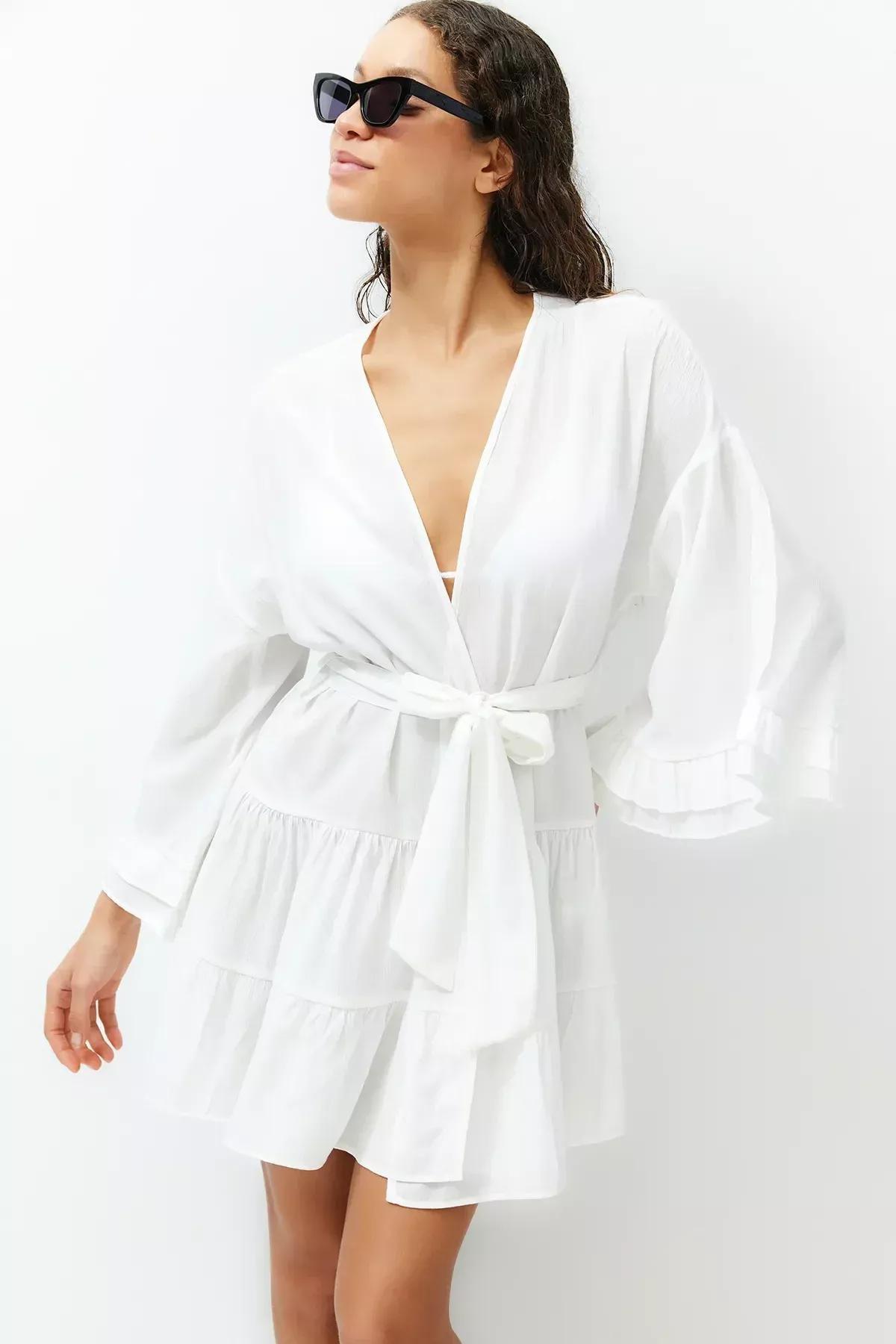 White Belted Mini Ruffle Kimono, C101_4499, medium