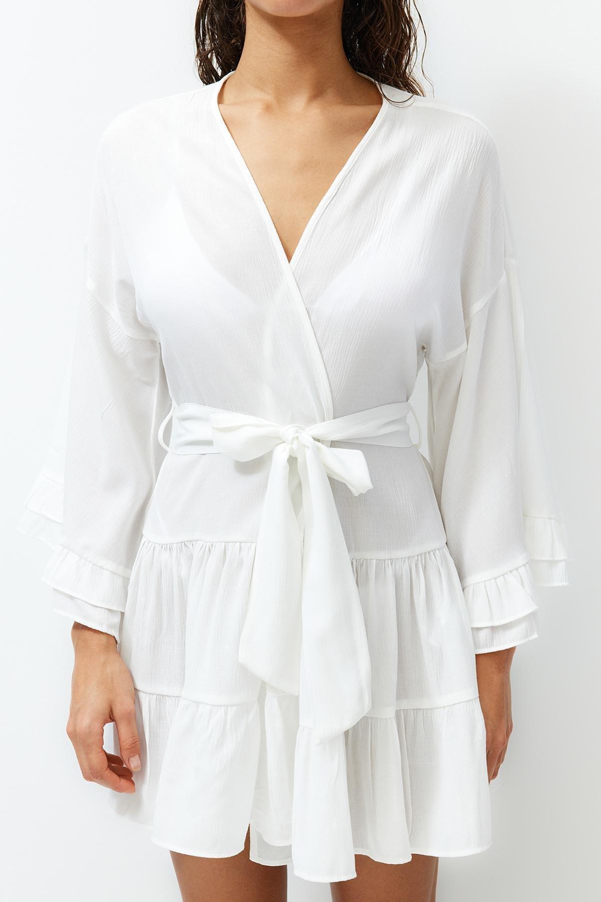 White Belted Mini Woven Ruffle Kimono & Kaftan TBESS24KM00032, , large image number 4