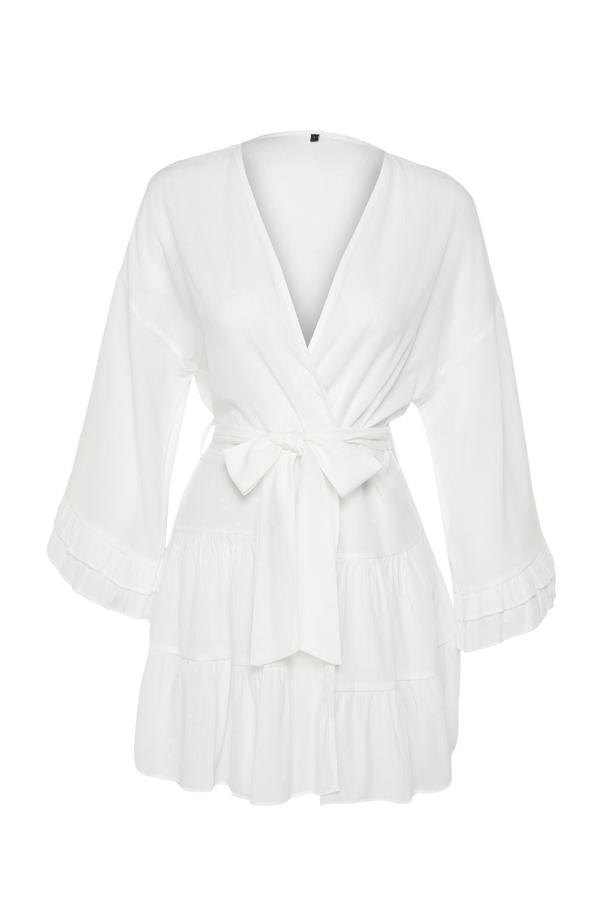 White Belted Mini Woven Ruffle Kimono & Kaftan TBESS24KM00032, , large image number 5