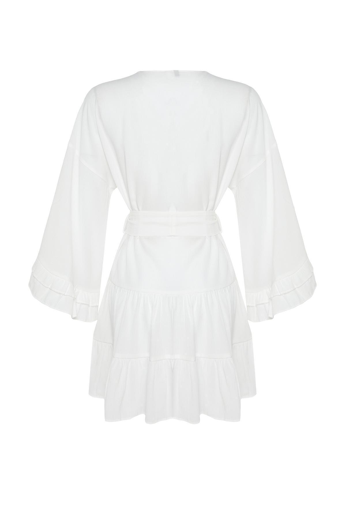 White Belted Mini Woven Ruffle Kimono & Kaftan TBESS24KM00032, , large image number 7