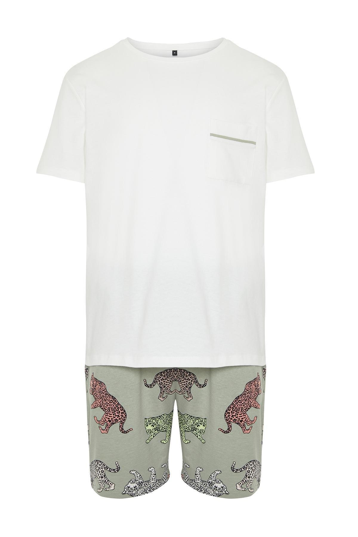 Ecru Regular Fit Animal Patterned Couple Knitted Shorts Pajamas Set TMNSS24PT00015, , large image number 1