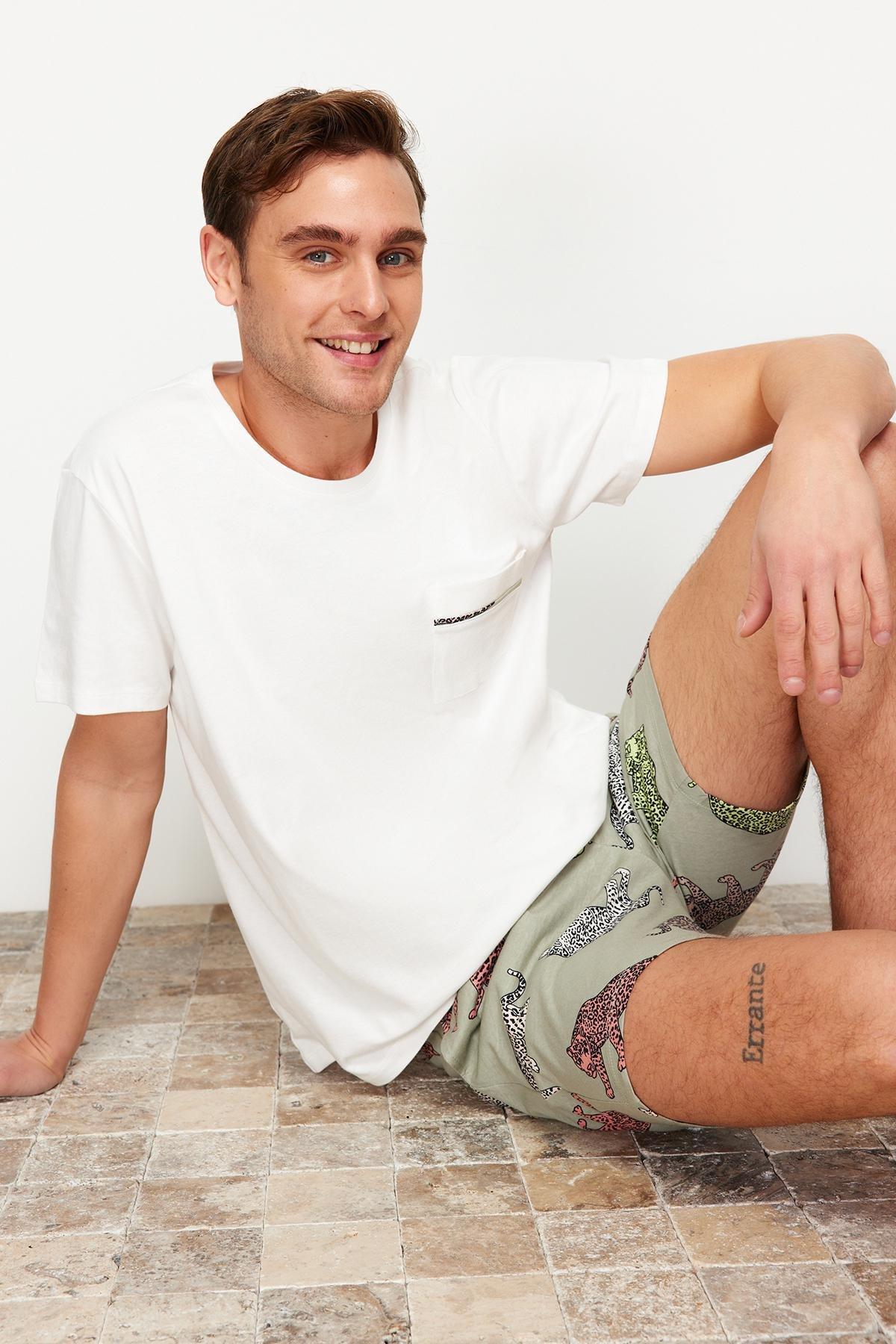 Ecru Regular Fit Animal Patterned Couple Knitted Shorts Pajamas Set TMNSS24PT00015, , large image number 3