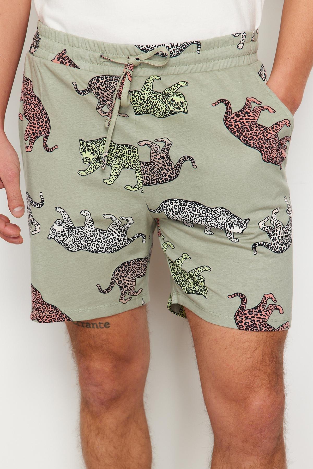 Ecru Regular Fit Animal Patterned Couple Knitted Shorts Pajamas Set TMNSS24PT00015, , large image number 4