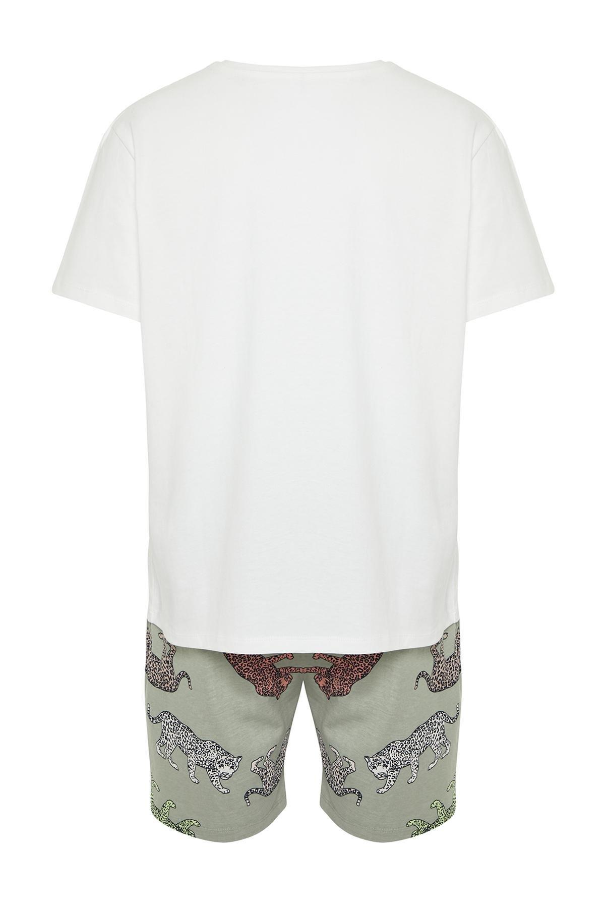 Ecru Regular Fit Animal Patterned Couple Knitted Shorts Pajamas Set TMNSS24PT00015, , large image number 6