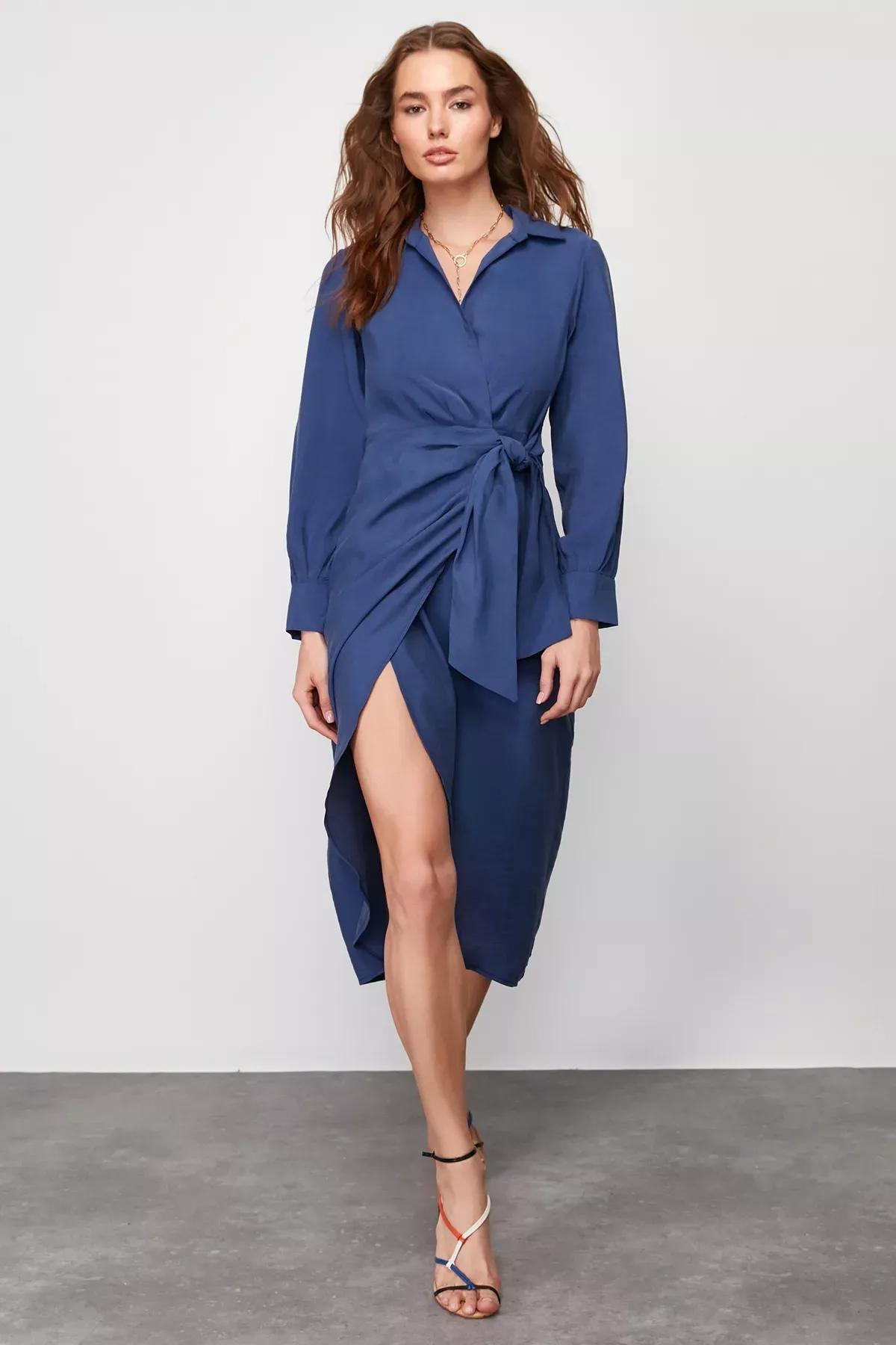 Purple Double Breasted Midi Dress, Indigo, large image number 2