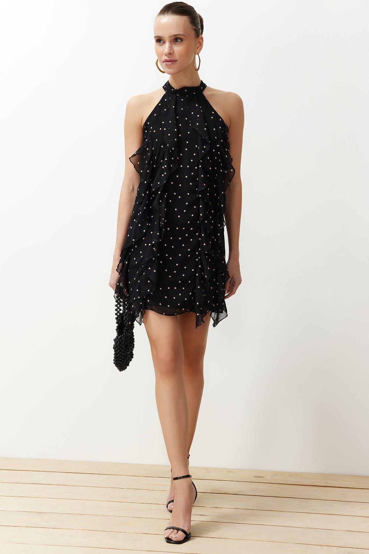 Black Frills Ruffle Mini Dress, , large image number 0