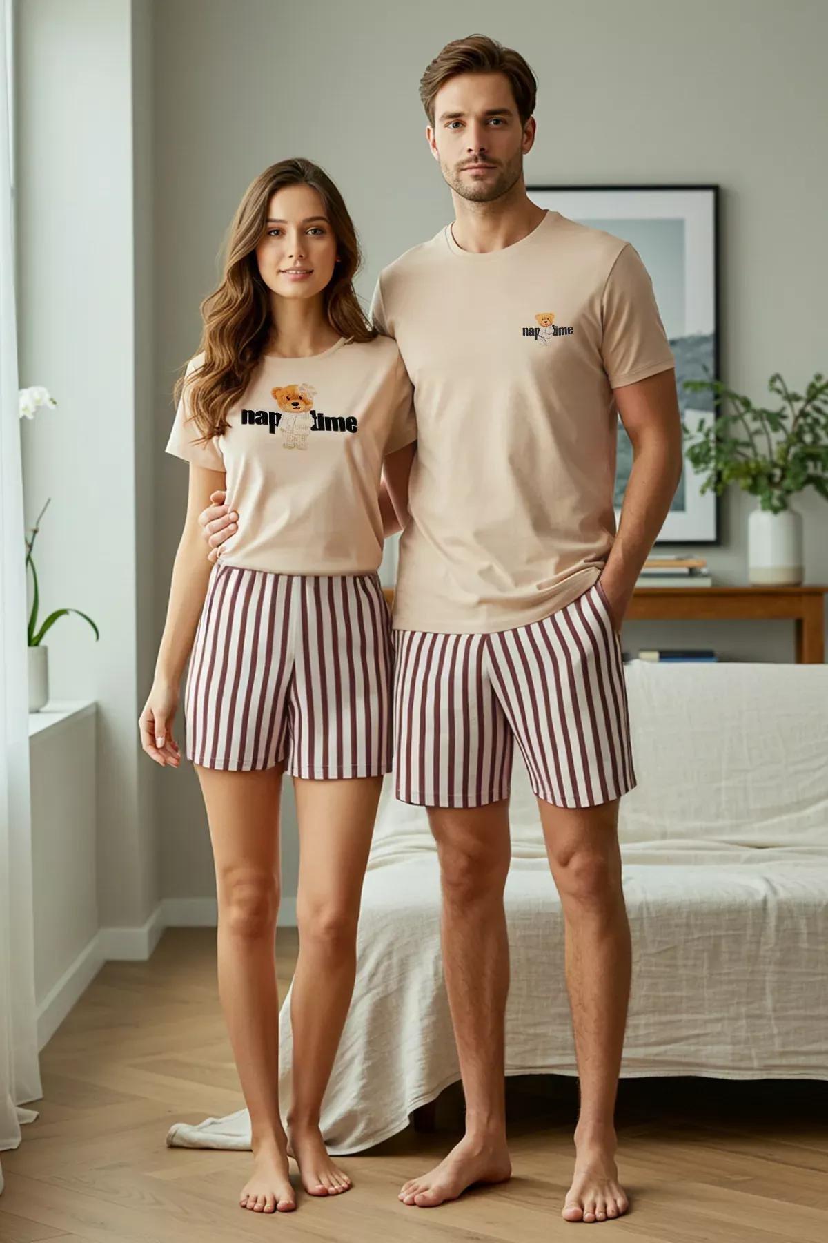 Brown Striped Couple Pajama Set, , large image number 0