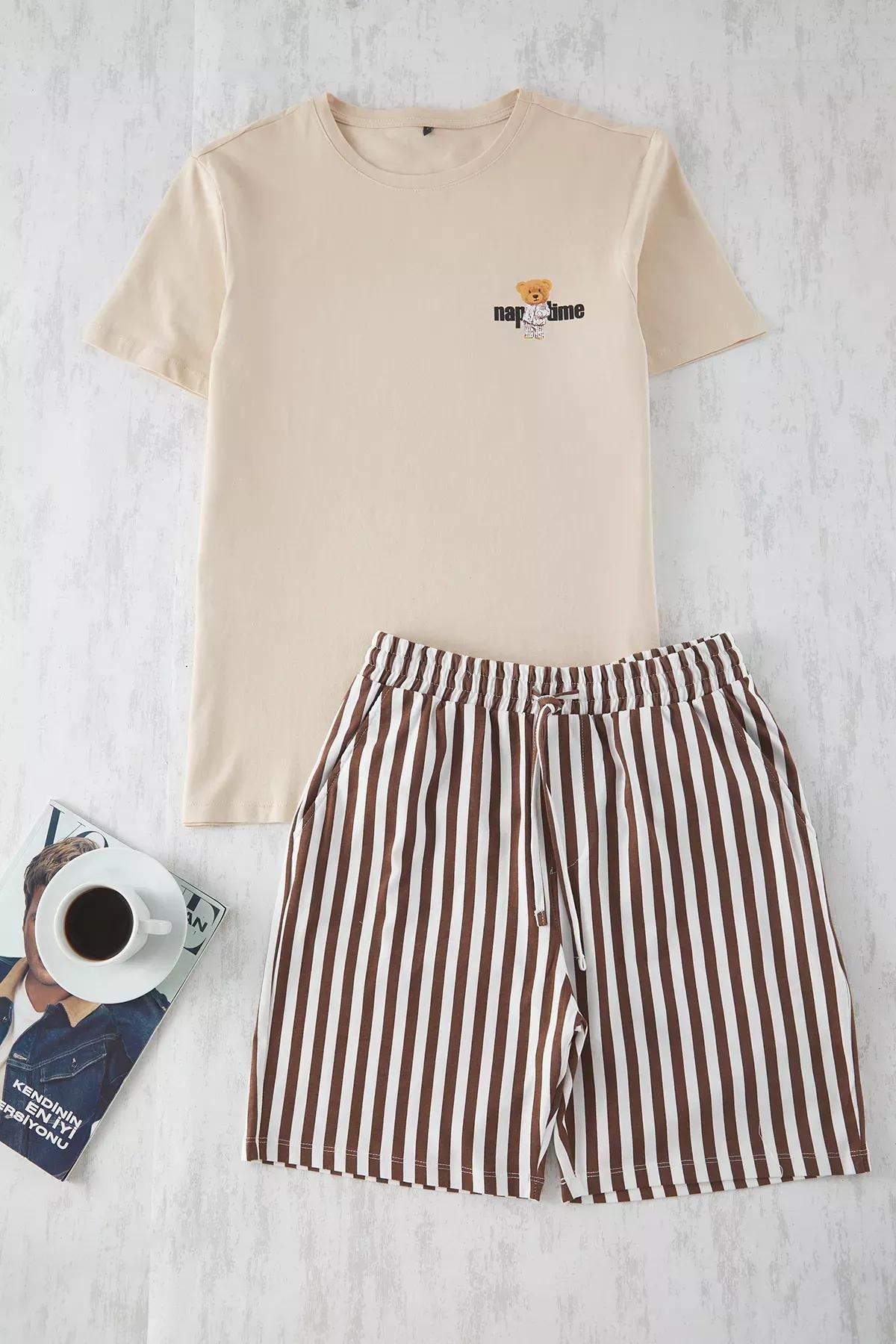 Brown Striped Couple Pajama Set, , large image number 1