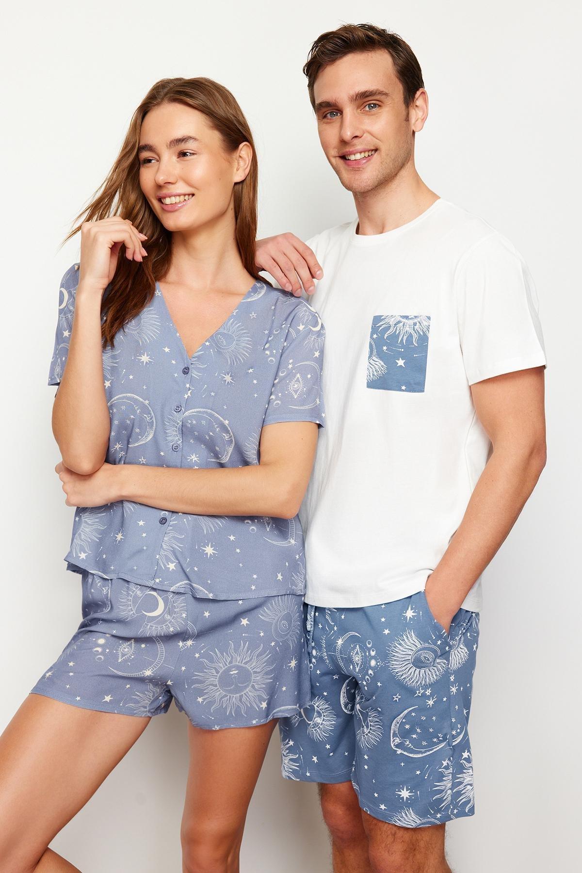 Ecru Blue Printed Regular Fit Couple/Double Knitted Shorts Pajama Set TMNSS24PT00018, , large image number 0