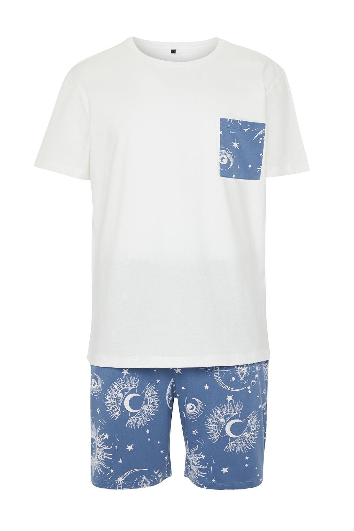 Ecru Blue Printed Regular Fit Couple/Double Knitted Shorts Pajama Set TMNSS24PT00018, , large image number 1