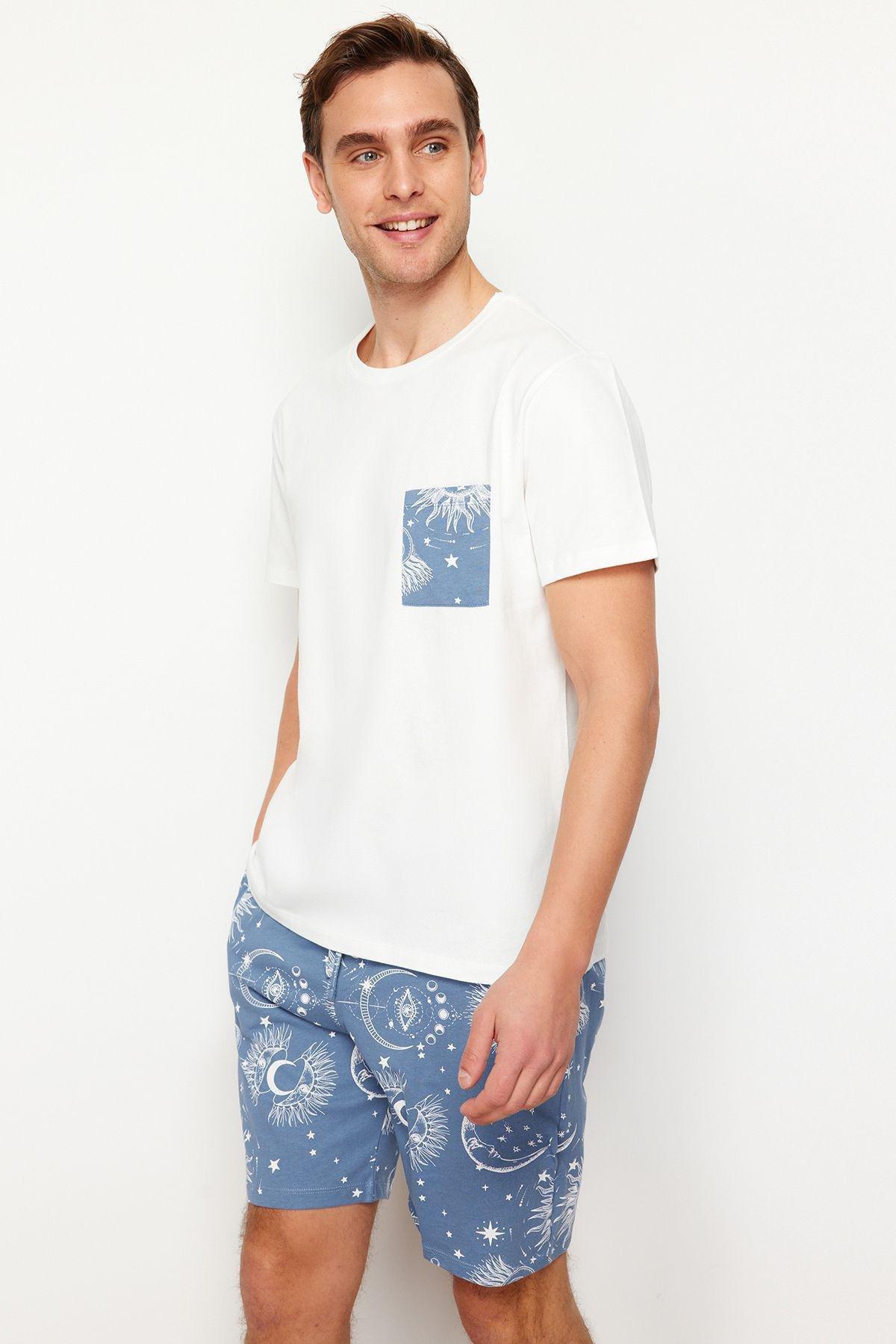 Ecru Blue Printed Regular Fit Couple/Double Knitted Shorts Pajama Set TMNSS24PT00018, , large image number 2