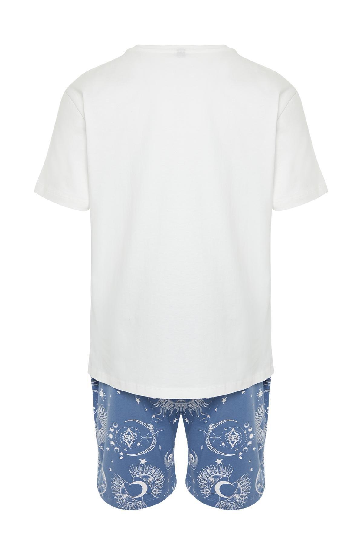 Ecru Blue Printed Regular Fit Couple/Double Knitted Shorts Pajama Set TMNSS24PT00018, , large image number 6