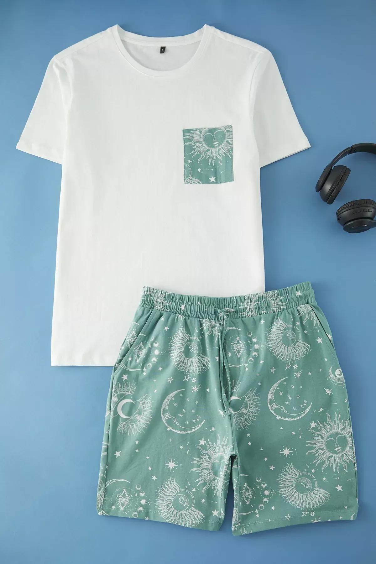 Beige-Green Printed Pajama Set, Ecru-Green, large image number 0