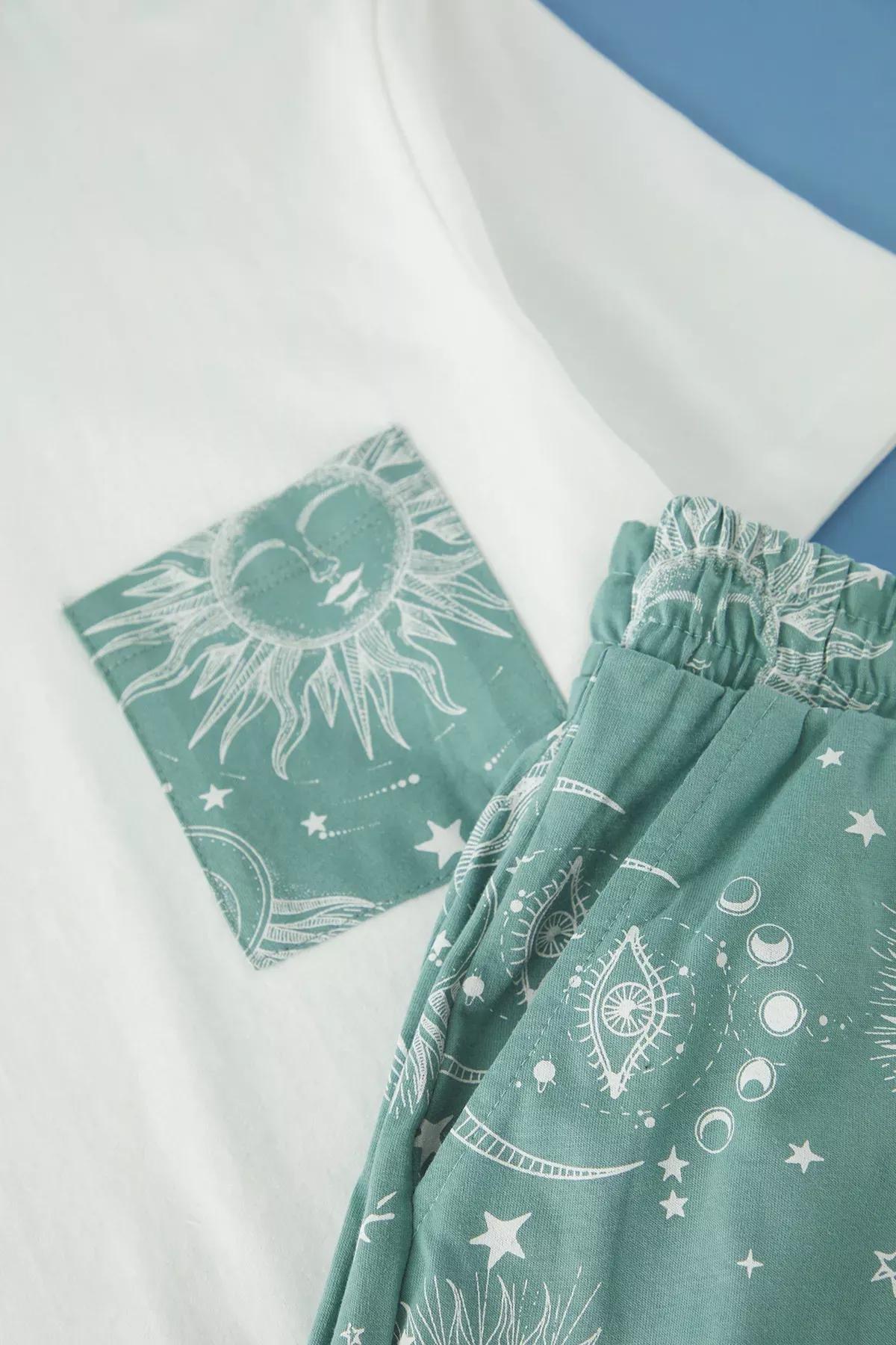 Beige-Green Printed Pajama Set, Ecru-Green, large image number 2