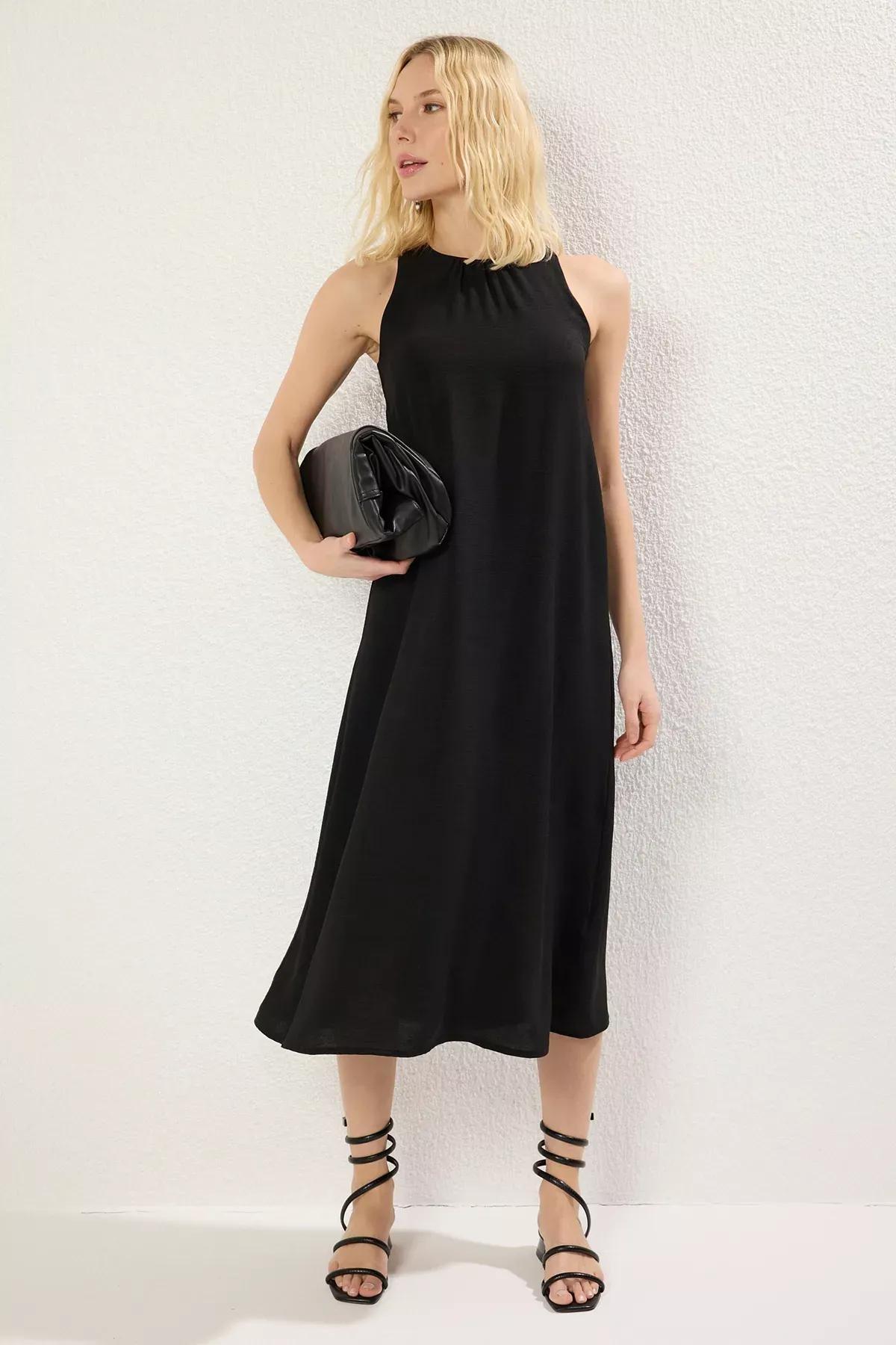 Black Collar Detail Midi Aerobin Dress, , large image number 0
