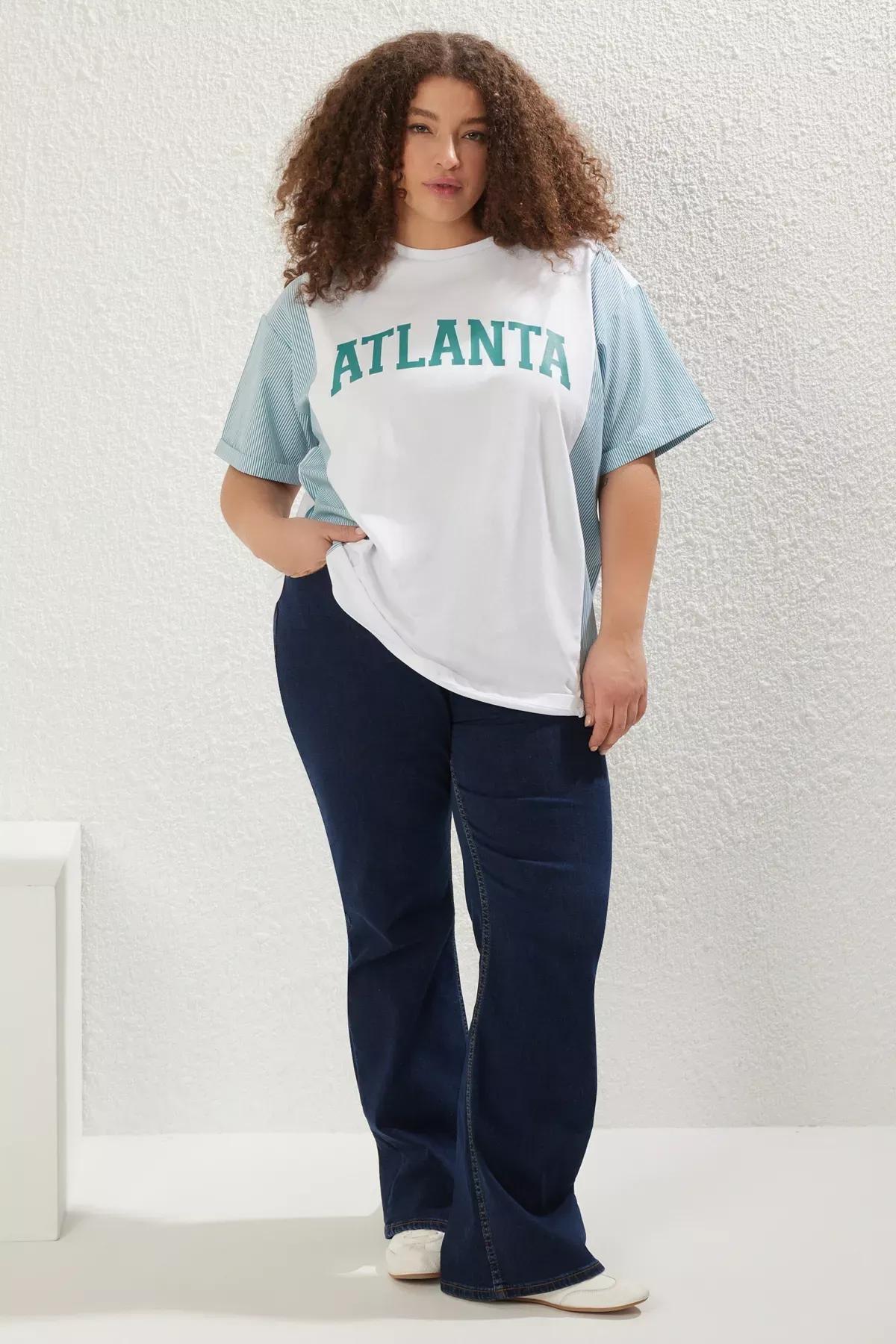 Green Oversized Striped Detailed Printed Knitted T-Shirt, Dark green, large image number 0