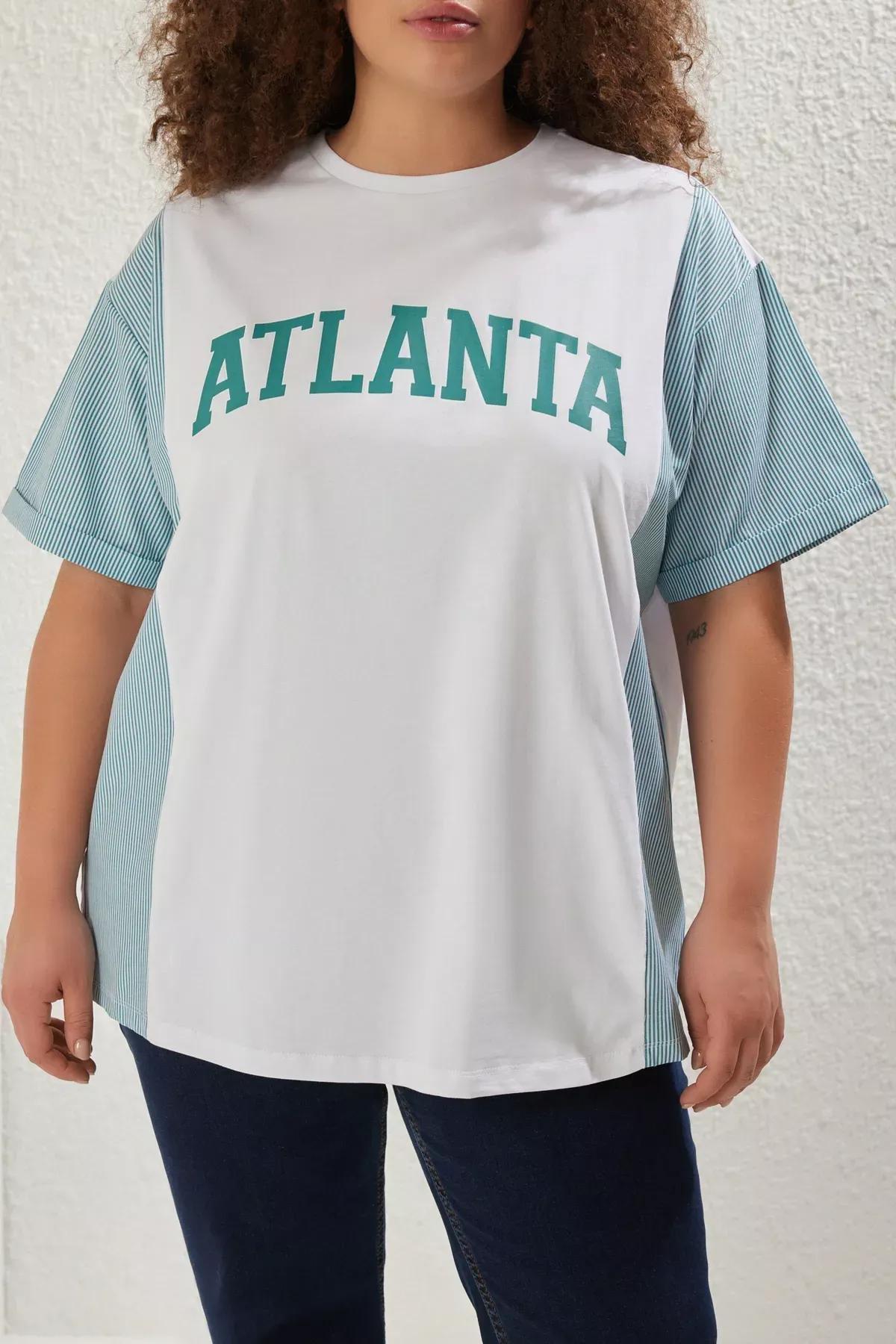 Green Oversized Striped Detailed Printed Knitted T-Shirt, Dark green, large image number 2