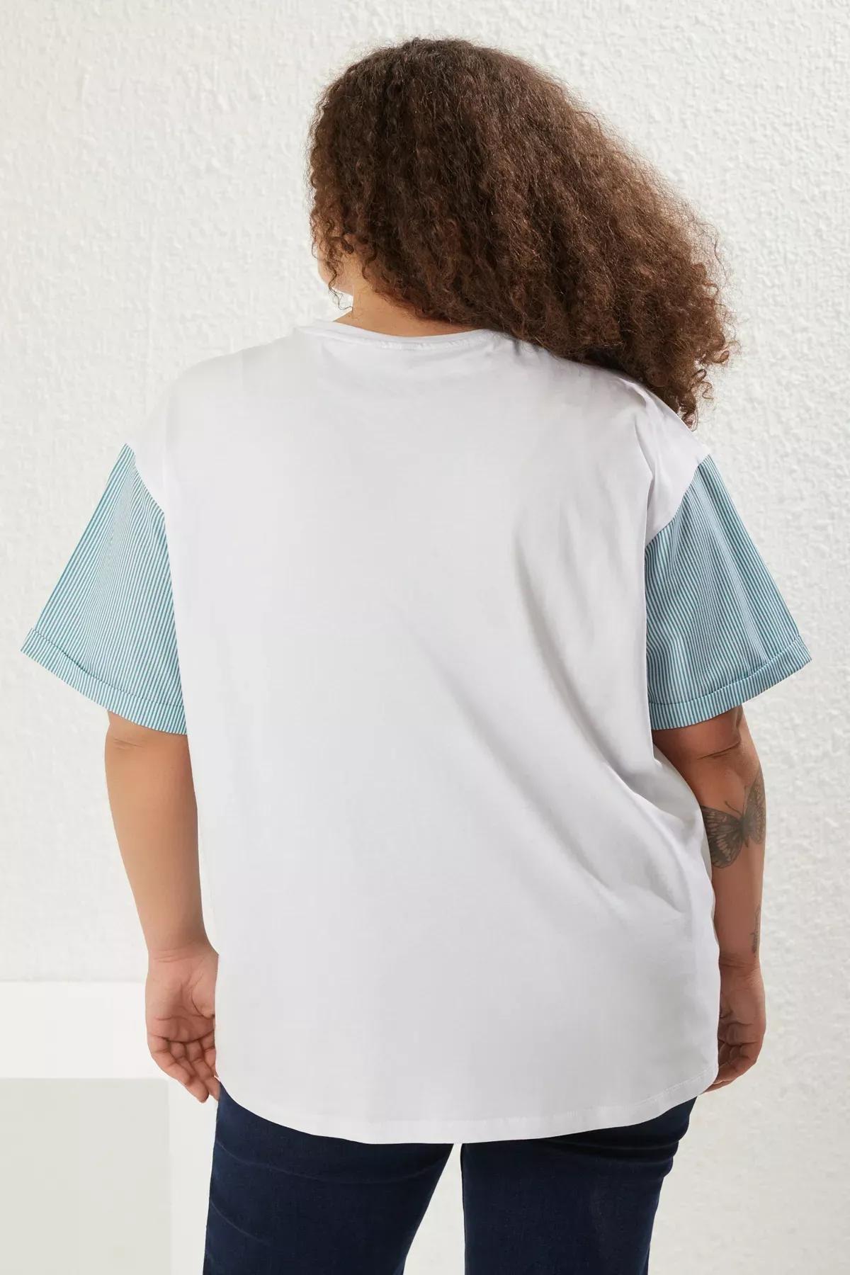 Green Oversized Striped Detailed Printed Knitted T-Shirt, Dark green, large image number 4