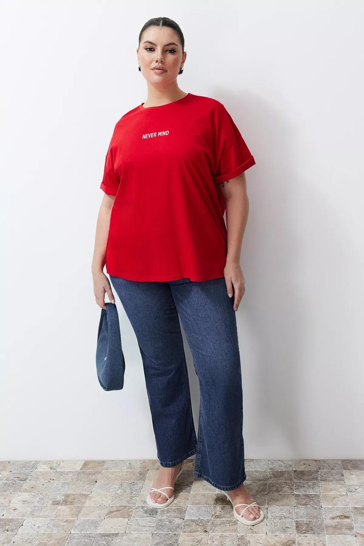 Red Slogan Cotton Oversize T-shirt, C101_5690, large image number 0