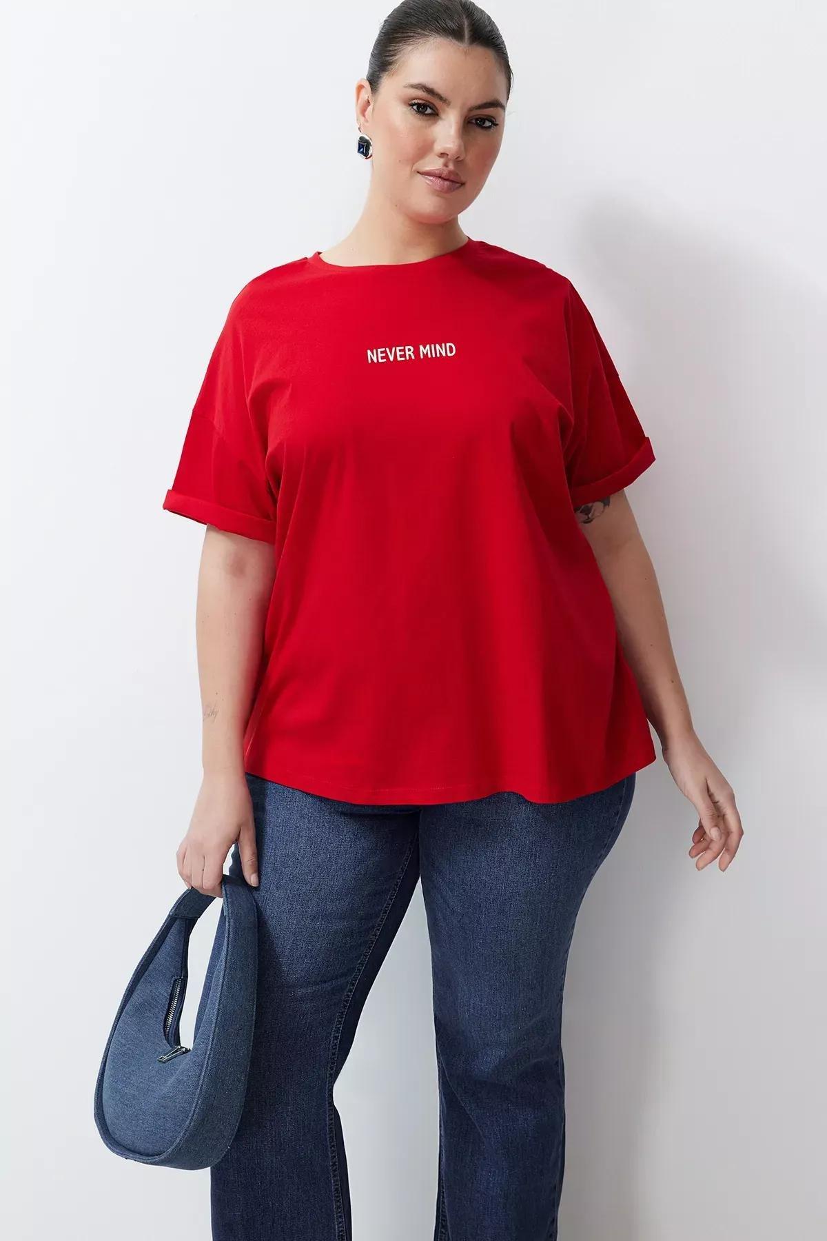 Red Slogan Cotton Oversize T-shirt, C101_5690, large image number 1