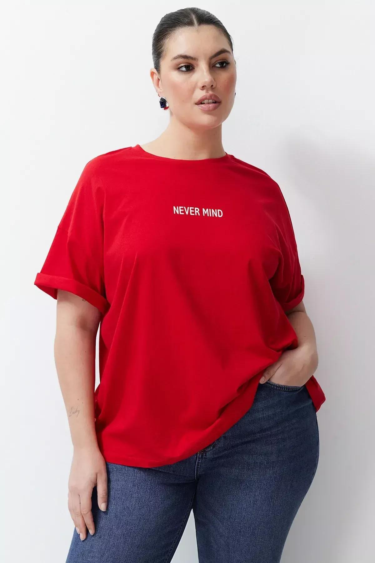 Red Slogan Cotton Oversize T-shirt, C101_5690, large image number 2