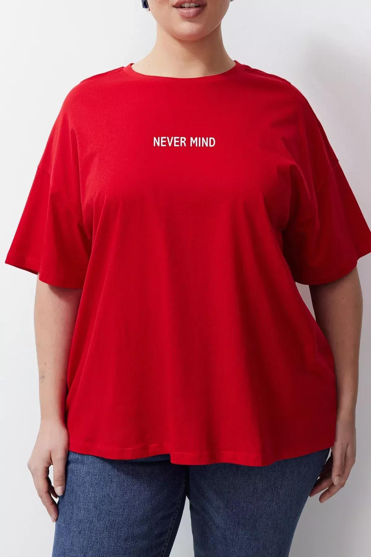 Red Slogan Cotton Oversize T-shirt, C101_5690, large image number 4