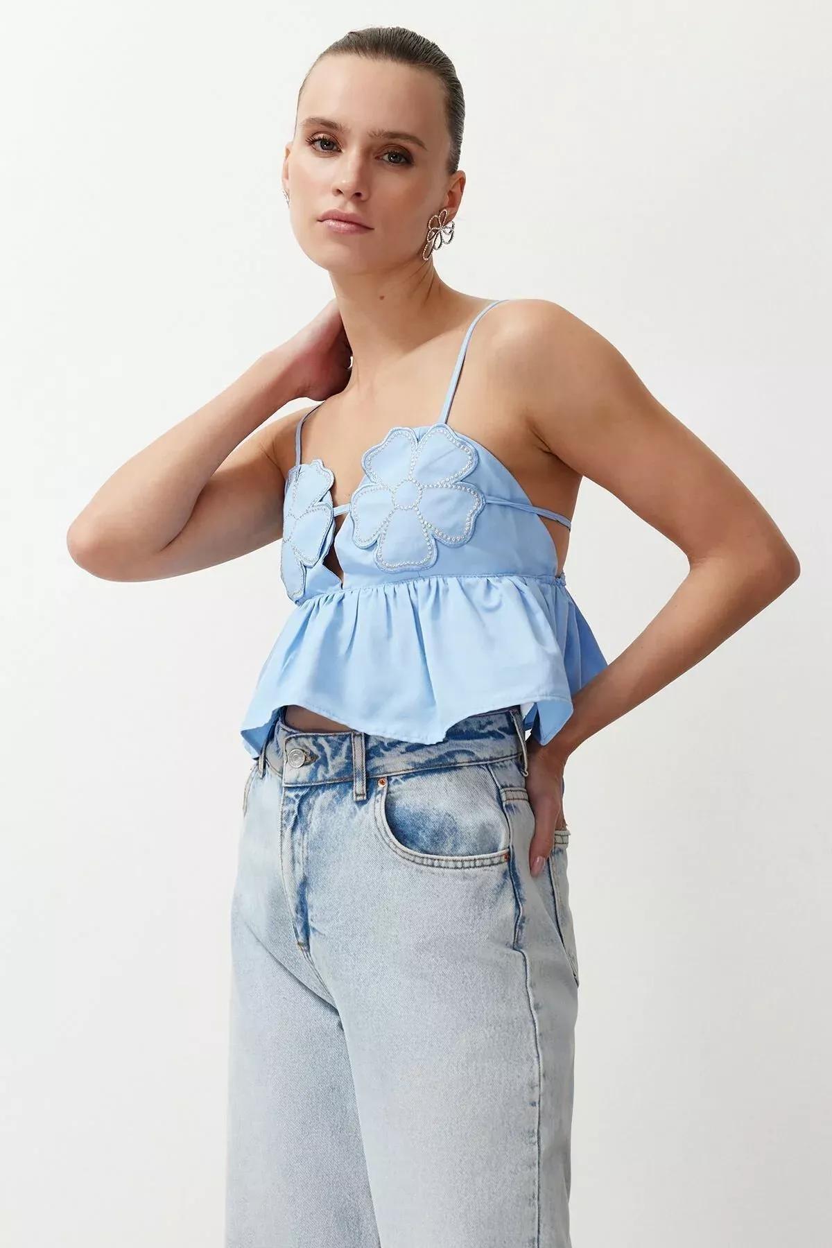 Light Blue Crop Woven Floral Embroidered Blouse, single, LIGHT BLUE, large image number 1