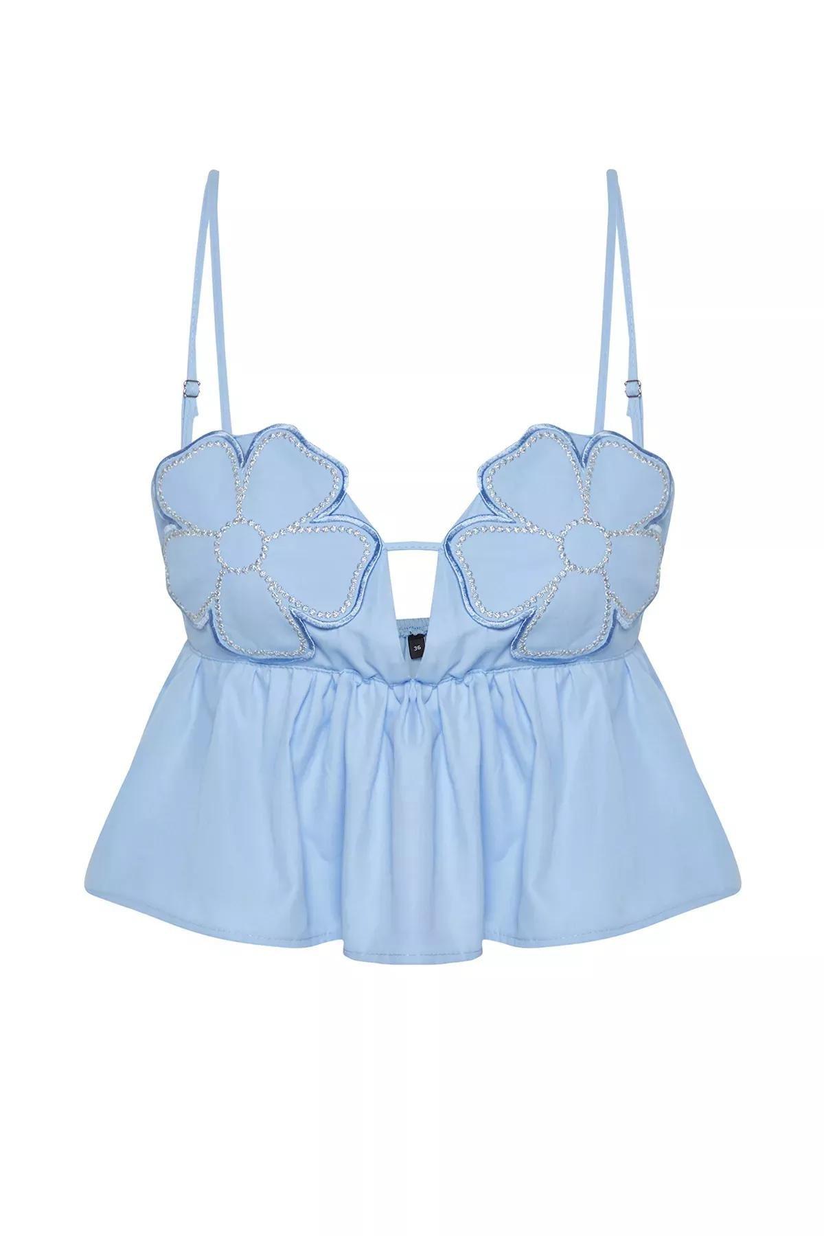 Light Blue Crop Woven Floral Embroidered Blouse, single, LIGHT BLUE, large image number 5