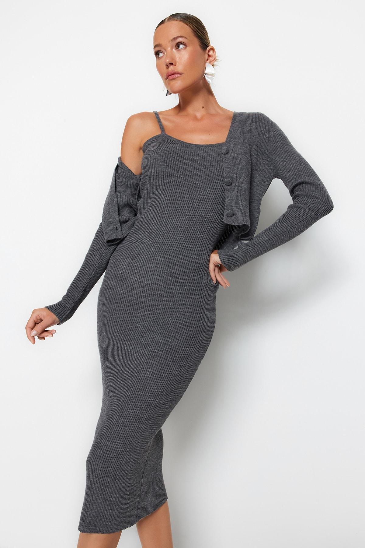 Grey V-Neck Bodycon Dress, , large image number 0