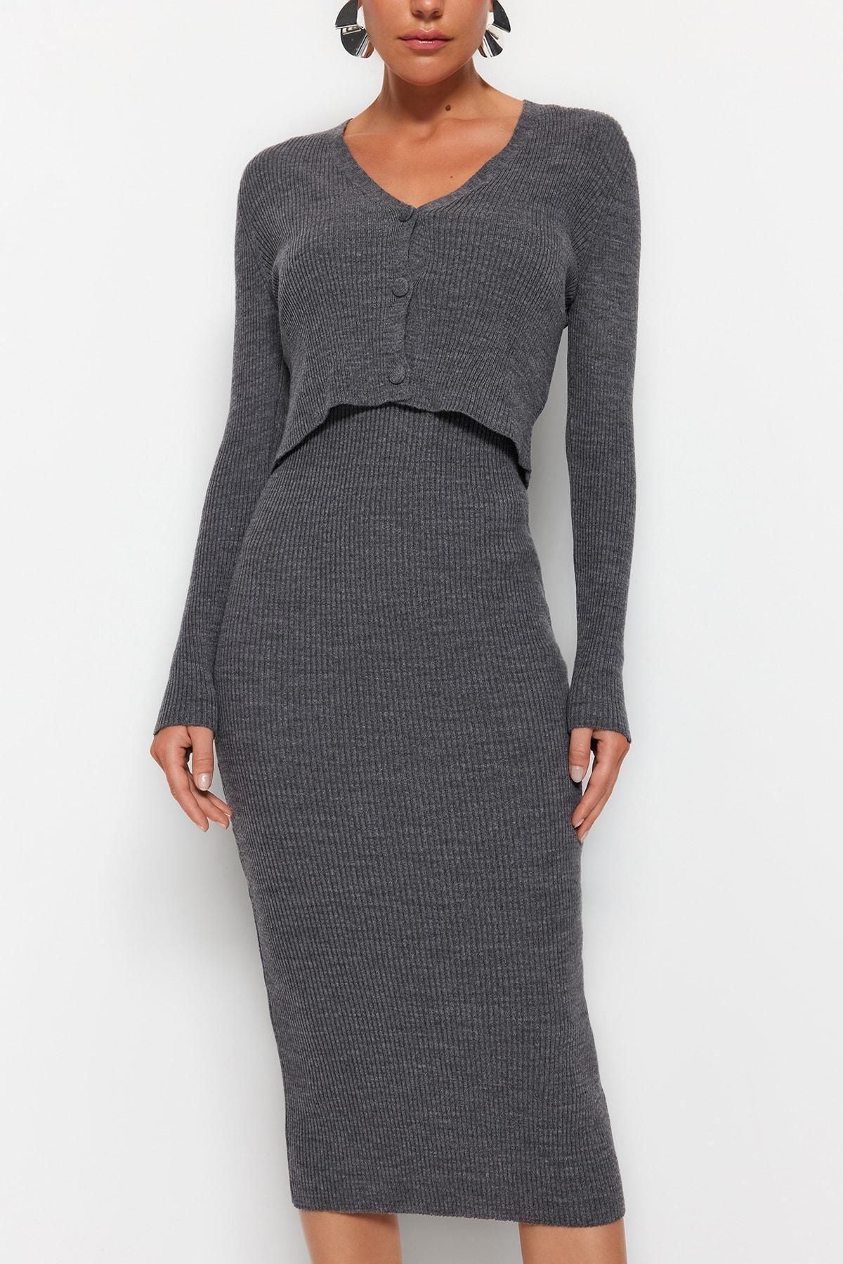Grey V-Neck Bodycon Dress, , large image number 2