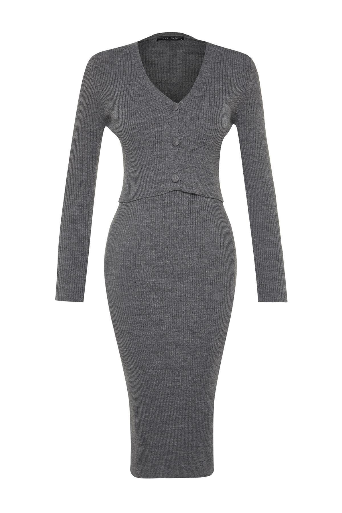 Grey V-Neck Bodycon Dress, , large image number 7