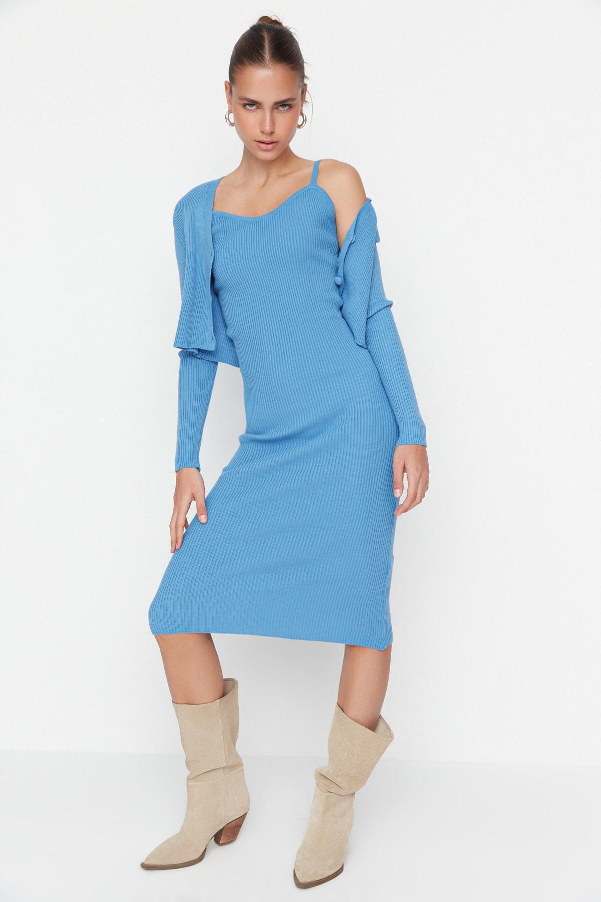 Blue V-Neck Bodycon Dress, , large image number 0