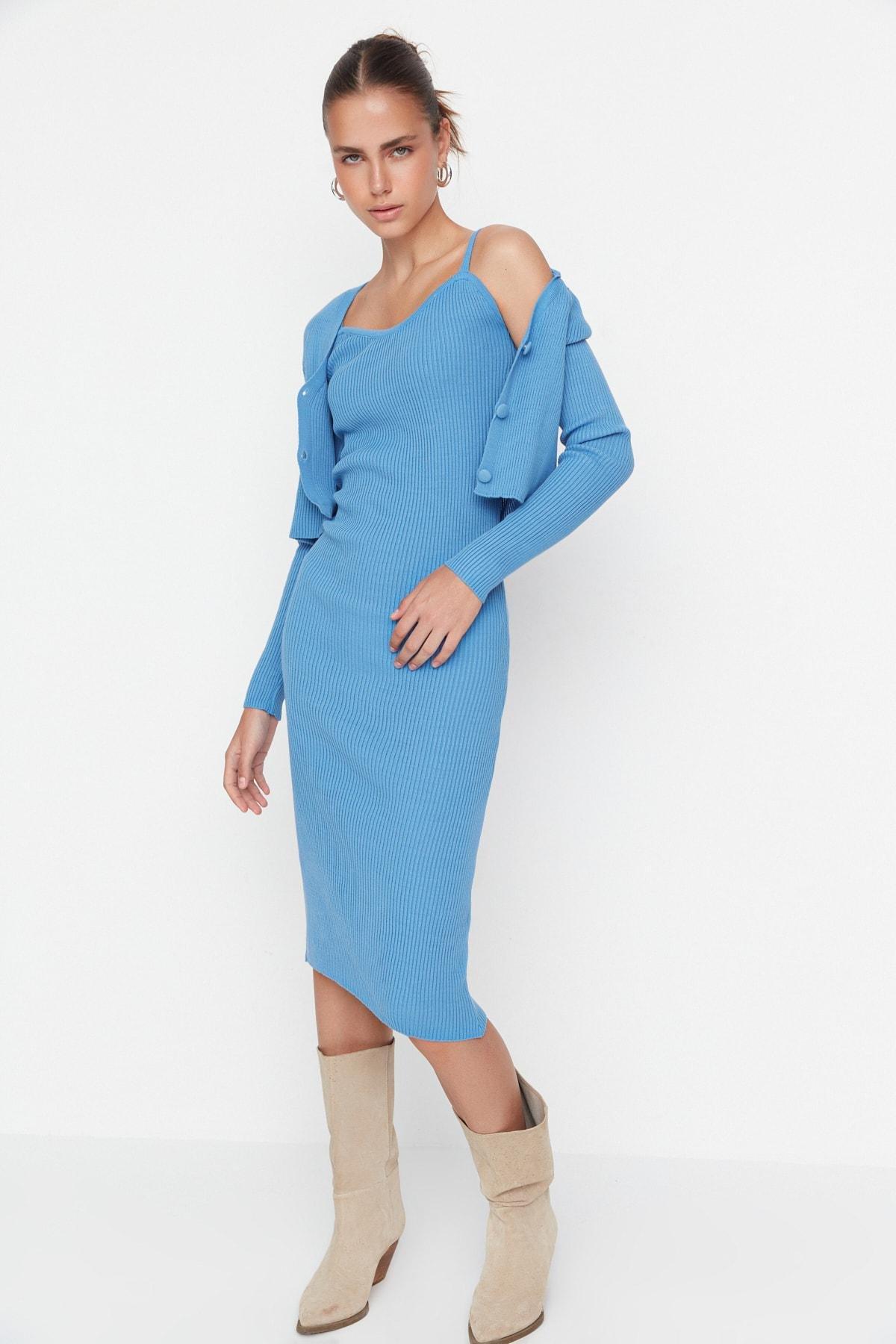 Blue V-Neck Bodycon Dress, , large image number 1