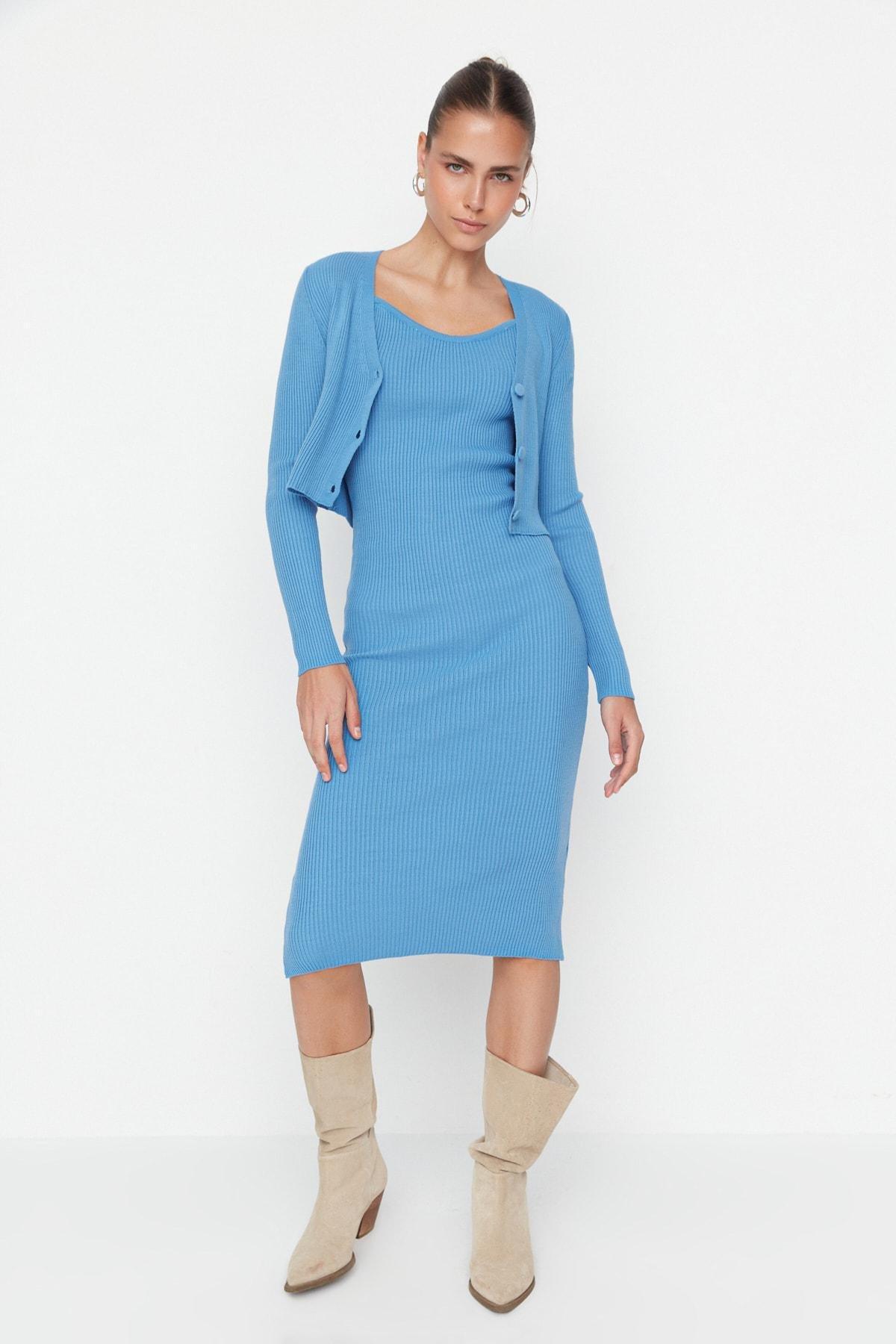 Blue V-Neck Bodycon Dress, , large image number 2