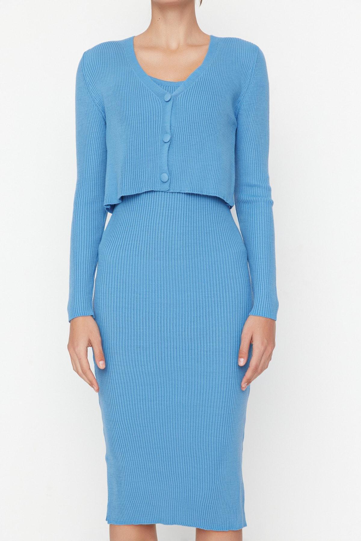 Blue V-Neck Bodycon Dress, , large image number 3
