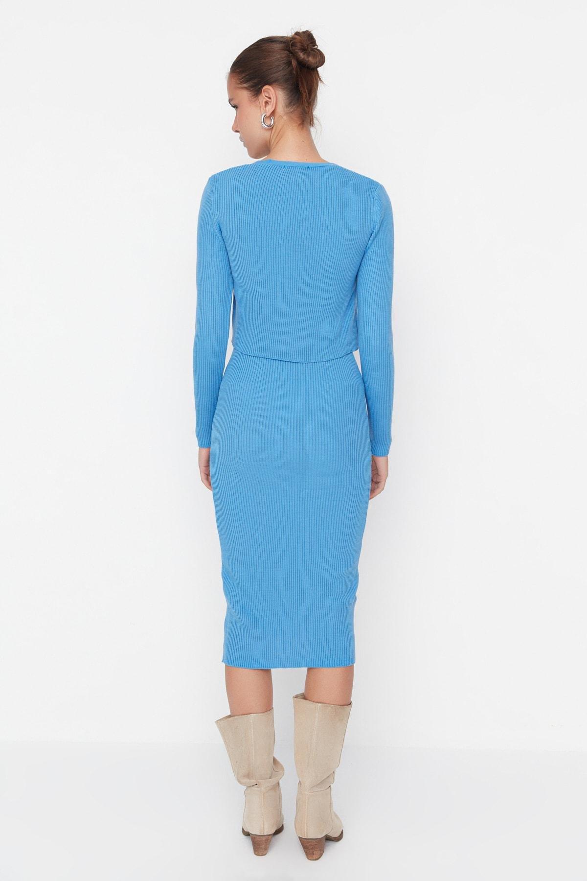 Blue V-Neck Bodycon Dress, , large image number 4