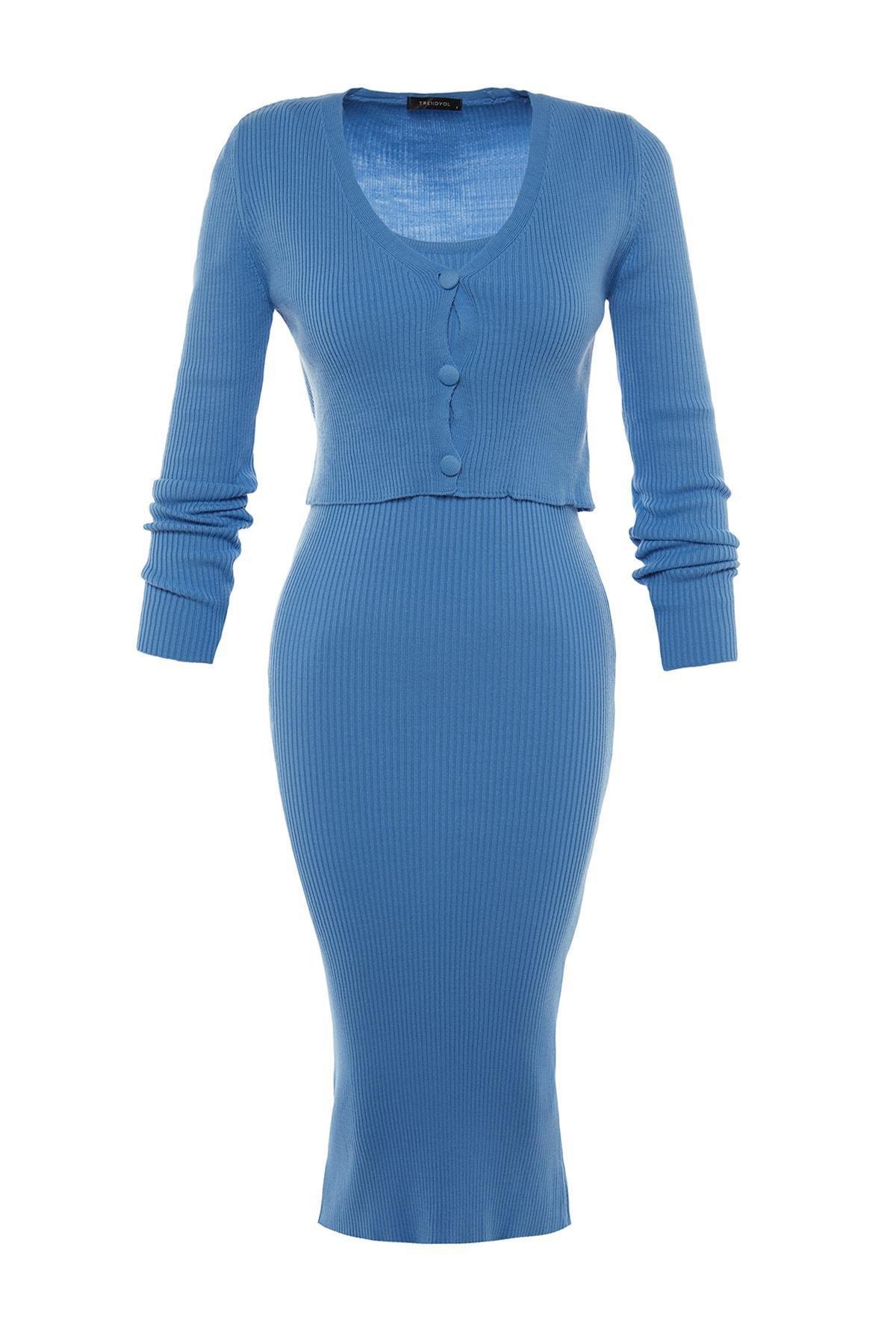 Blue V-Neck Bodycon Dress, , large image number 5