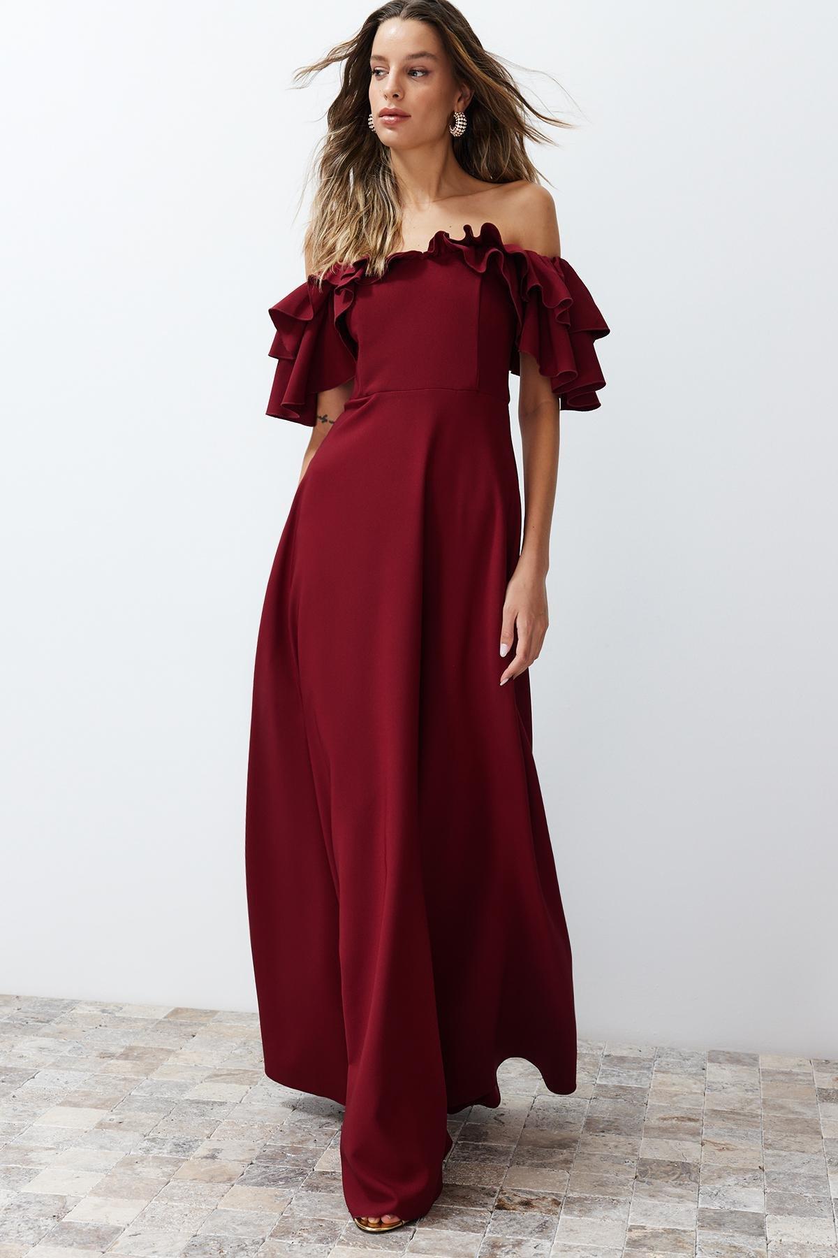 Burgundy A-Cut Flounce Occassionwear Dress, , large image number 0