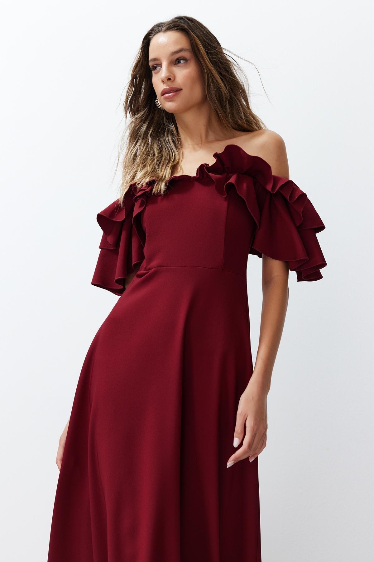 Burgundy A-Cut Flounce Occassionwear Dress, , large image number 1