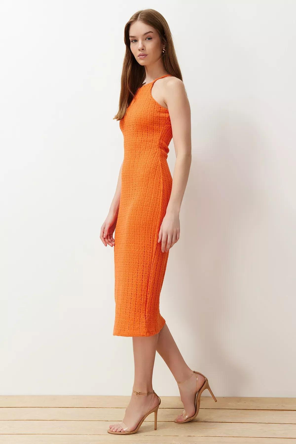 Orange Textured Bodycon Midi Dress, Orange, large image number 0