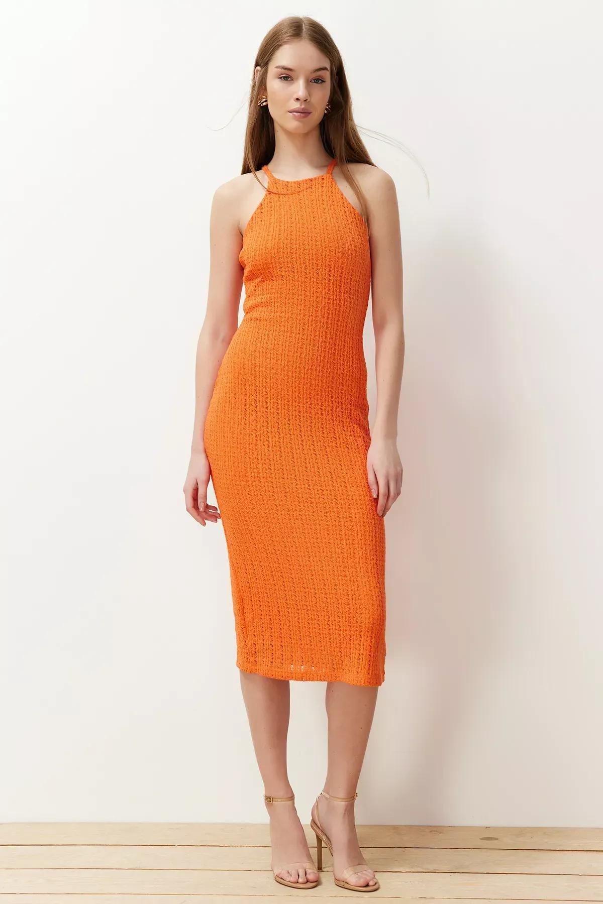 Orange Textured Bodycon Midi Dress, Orange, large image number 1