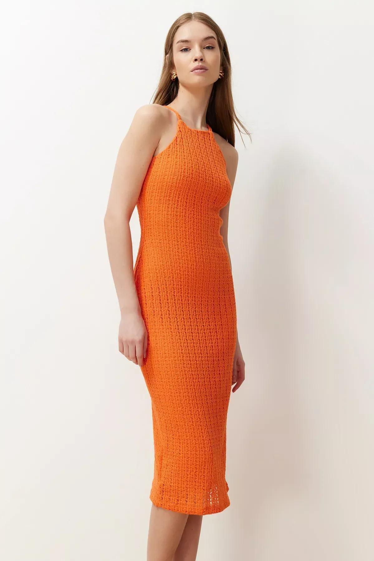 Orange Textured Bodycon Midi Dress, Orange, large image number 2
