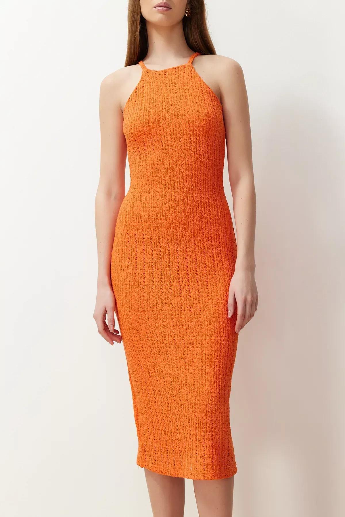 Orange Textured Bodycon Midi Dress, Orange, large image number 4