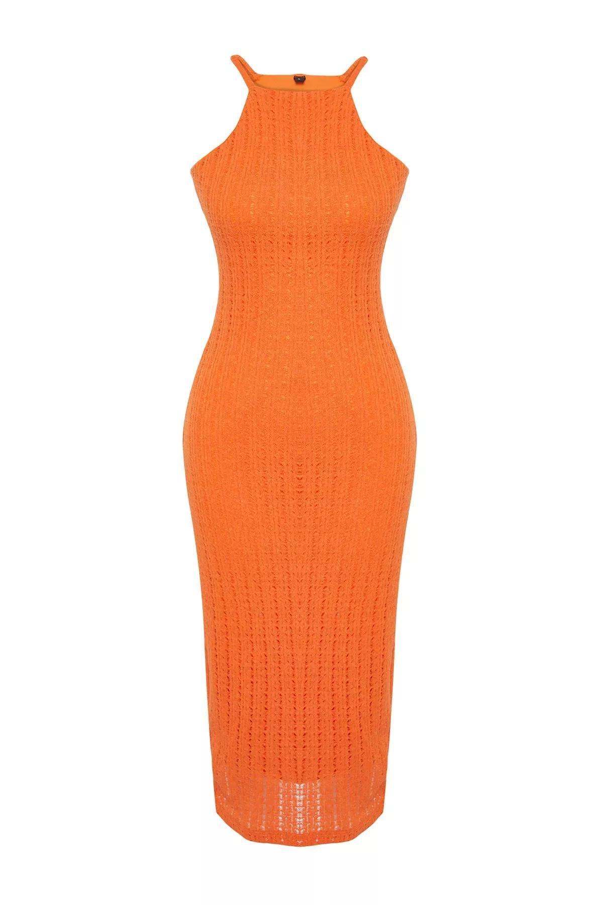 Orange Textured Bodycon Midi Dress, Orange, large image number 5