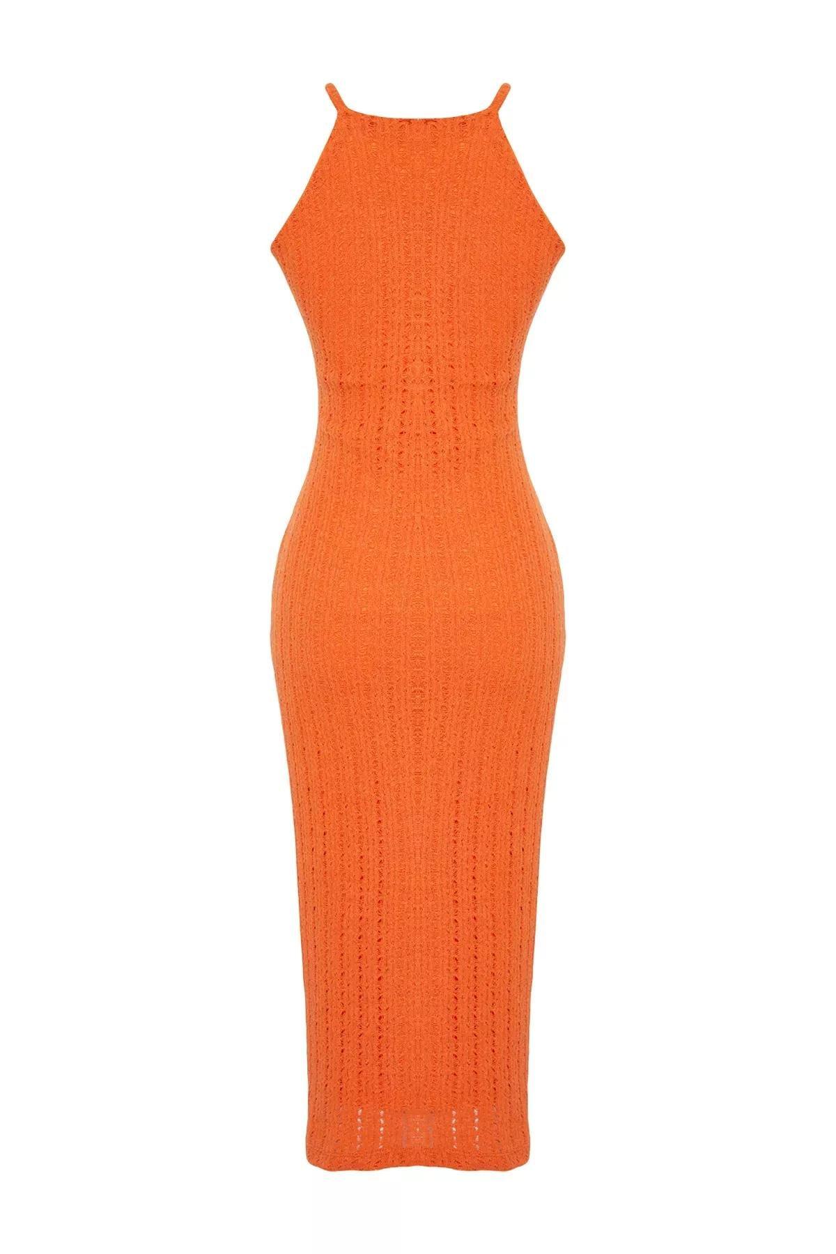 Orange Textured Bodycon Midi Dress, Orange, large image number 6