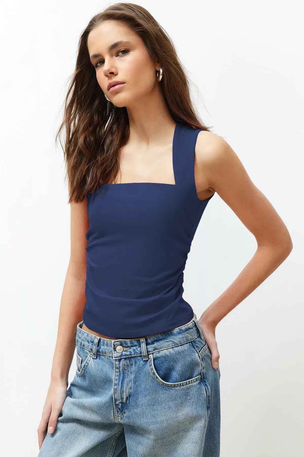 Blue Square Neck Strappy Knitted Blouse, Indigo, large image number 1