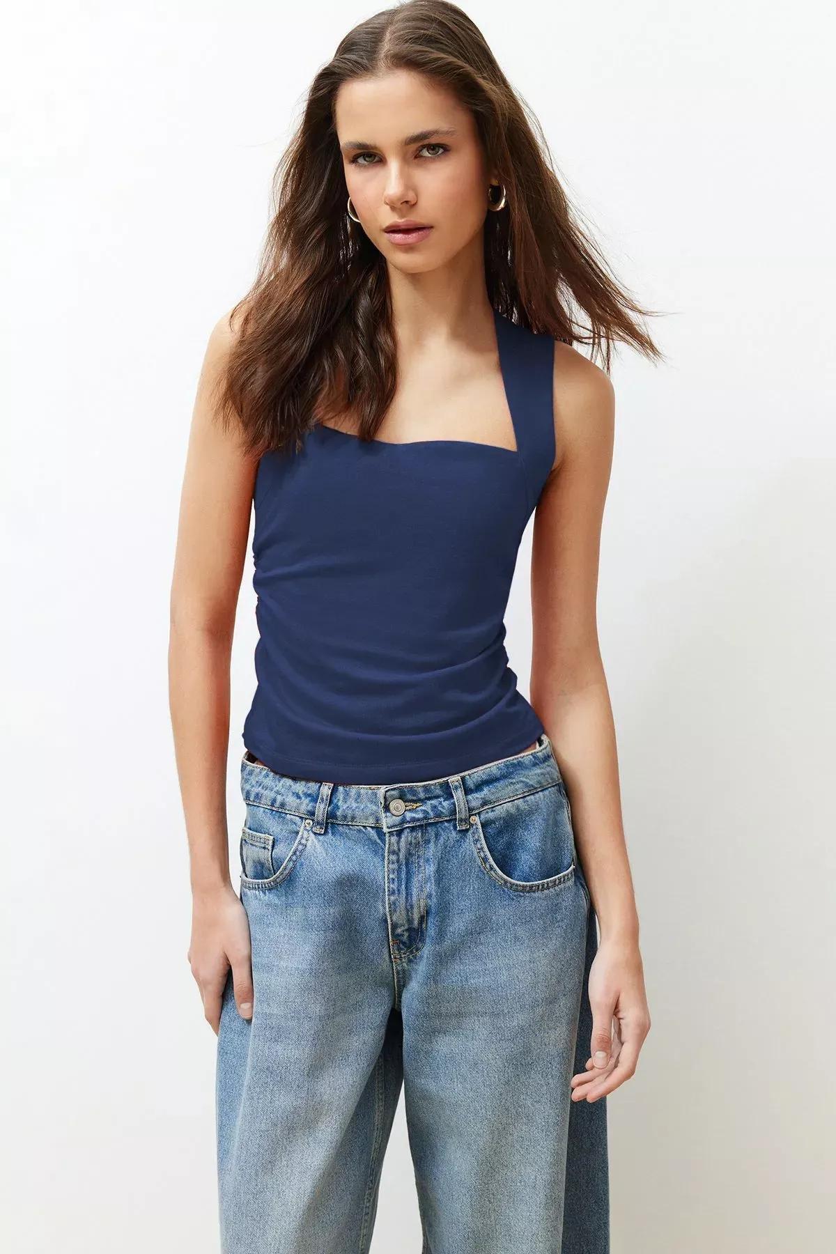 Blue Square Neck Strappy Knitted Blouse, Indigo, large image number 2