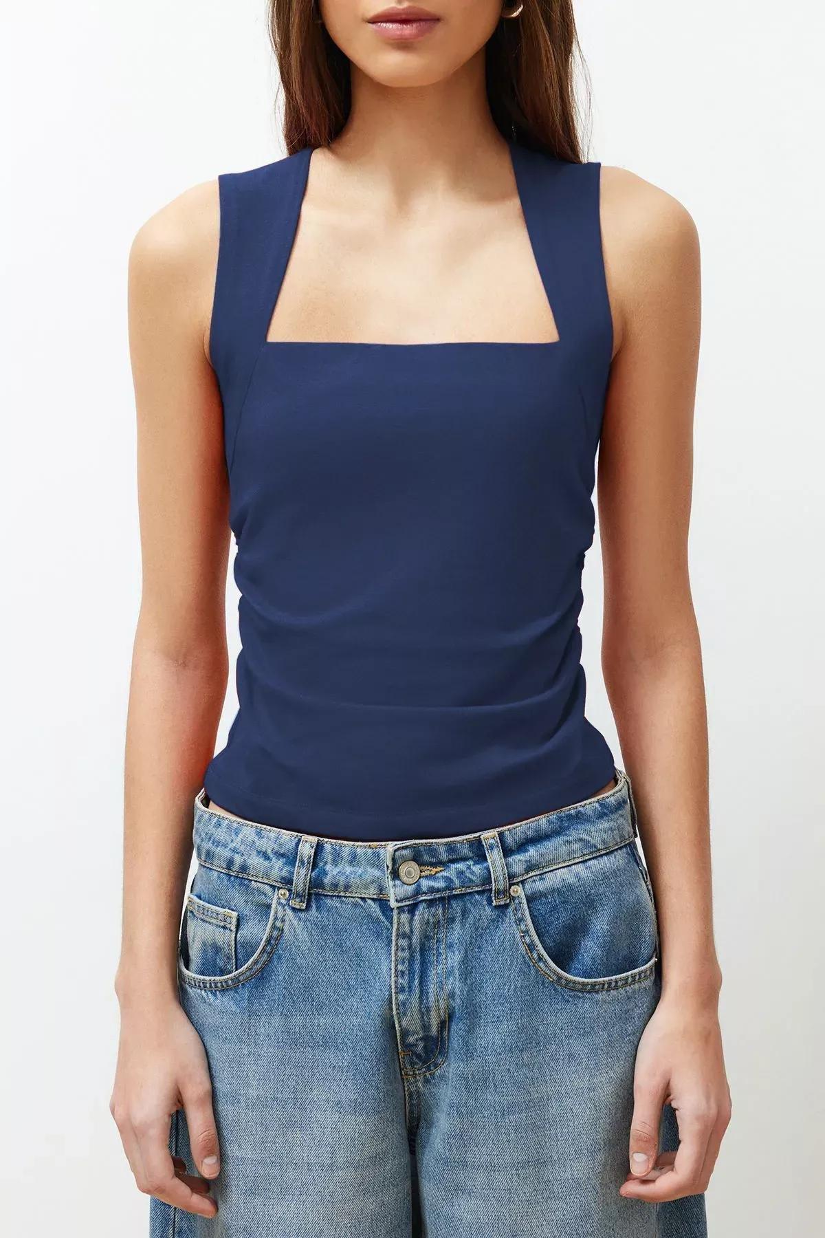 Blue Square Neck Strappy Knitted Blouse, Indigo, large image number 3