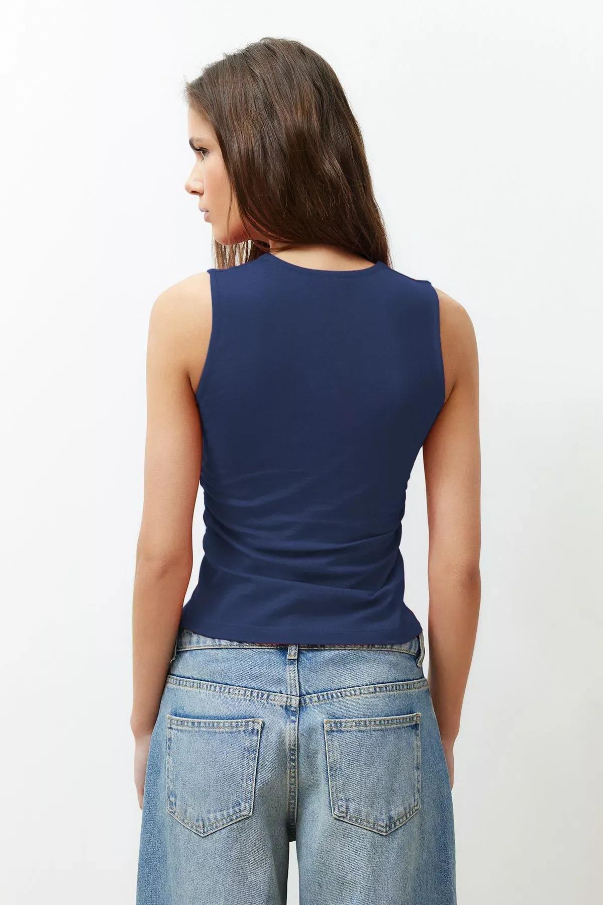Blue Square Neck Strappy Knitted Blouse, Indigo, large image number 4