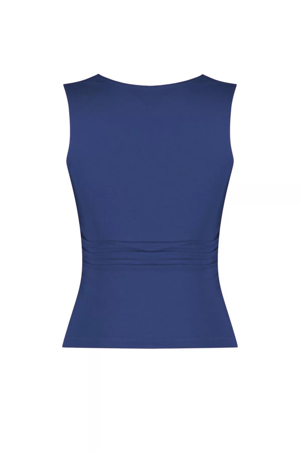 Blue Square Neck Strappy Knitted Blouse, Indigo, large image number 5